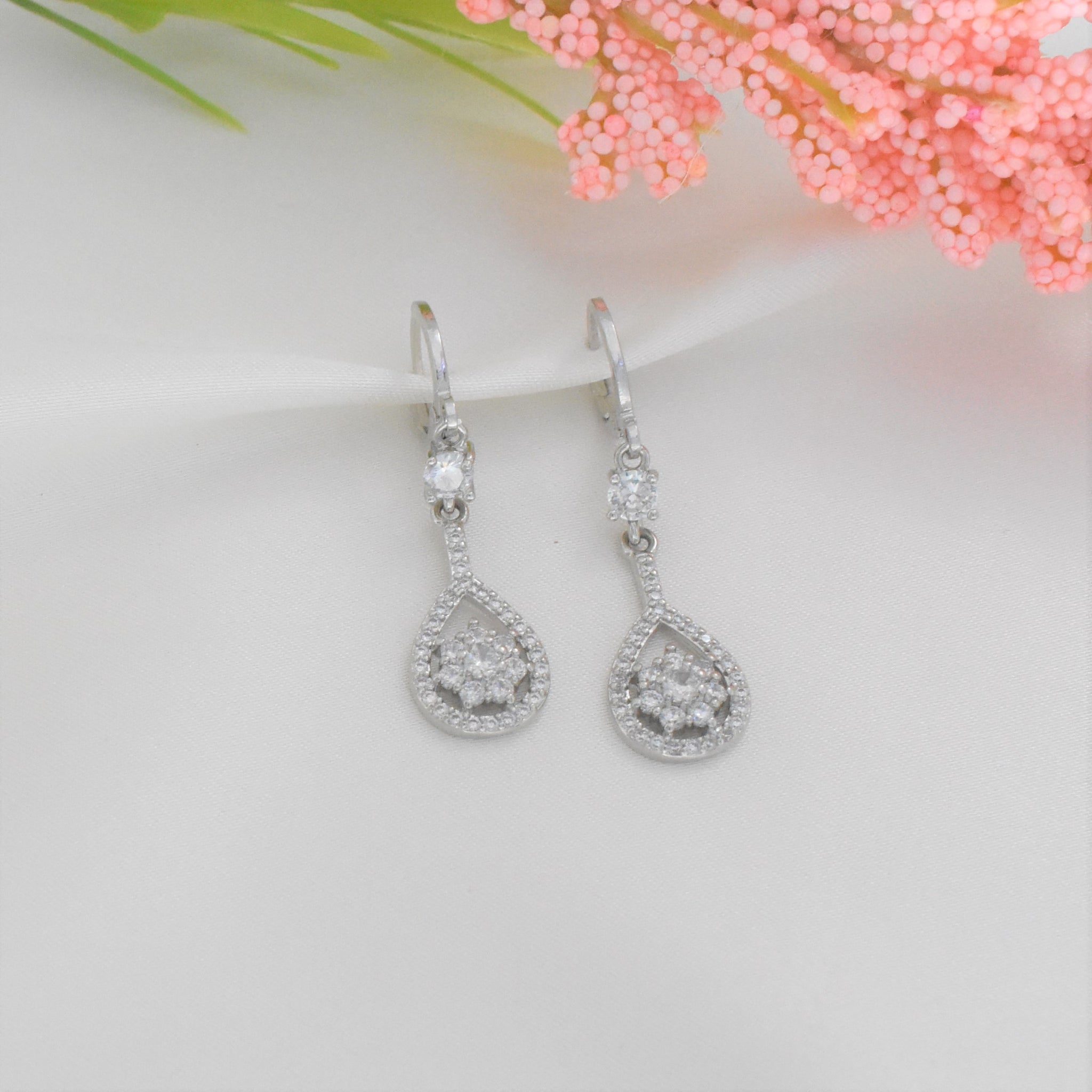 Floral Dangle Drop Earrings - 925 Sterling Silver - Bridal Statement Earrings