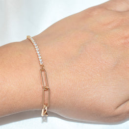 Half Paper Clip Half Tennis Bracelet - Gold Plated Dainty Minimalist Bracelet for Everyday Stack