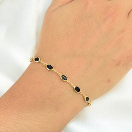 Black Stone Minimalist Bracelet - Gold Plated Everyday Stackable Bracelet for her 7.5"