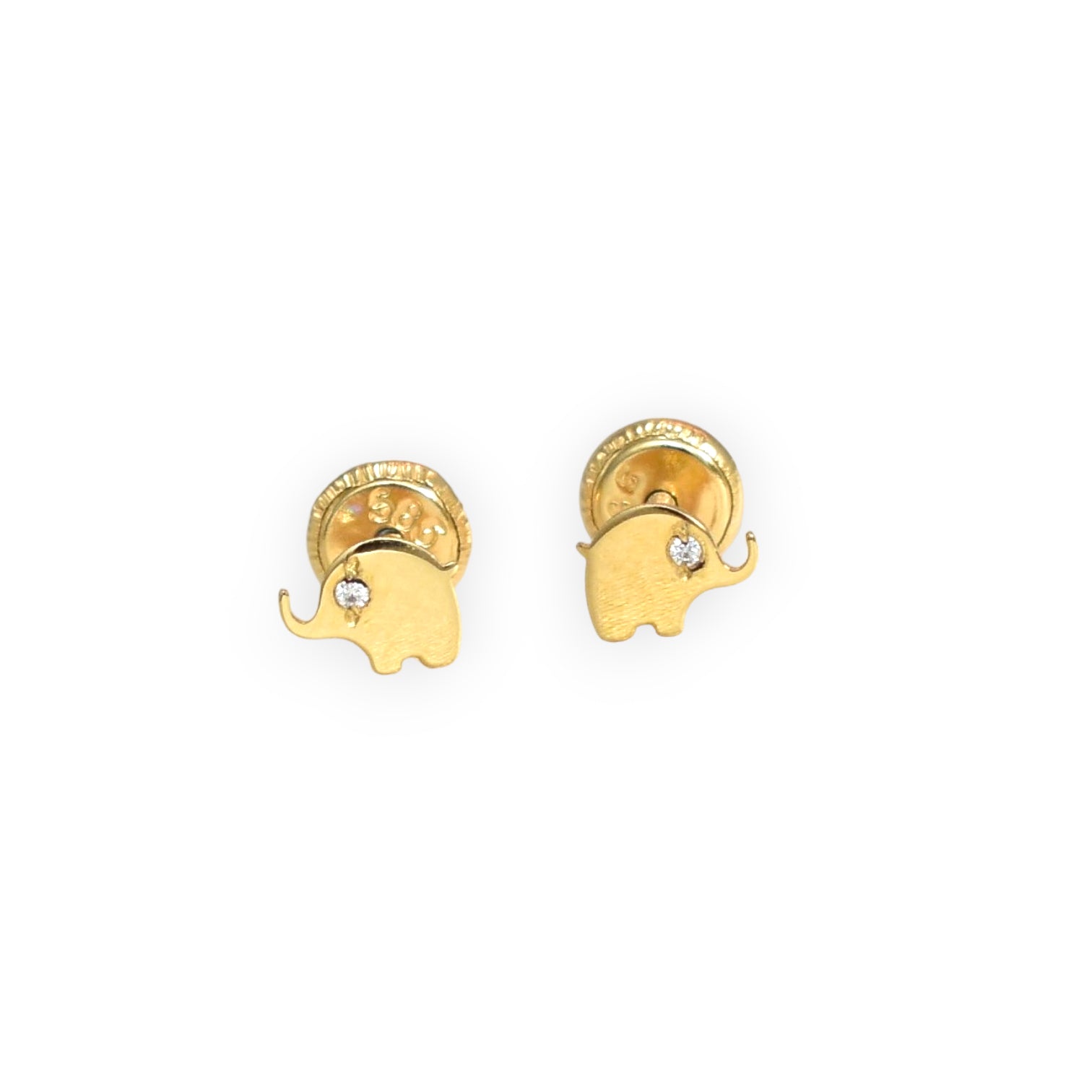 14K Solid Yellow Gold Baby Elephant Earrings, Round Screw Back CZ Studs, Gift.