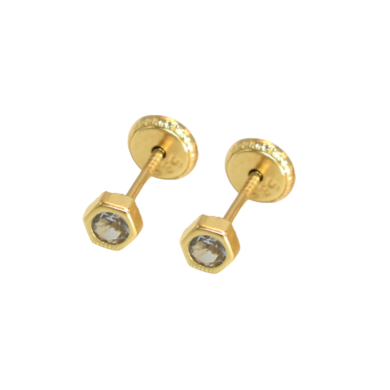 14K Solid Yellow Gold Hexagon Earrings, Dainty CZ, Screw Back Studs, Gift for Her