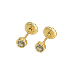 14K Solid Yellow Gold Hexagon Earrings, Dainty CZ, Screw Back Studs, Gift for Her