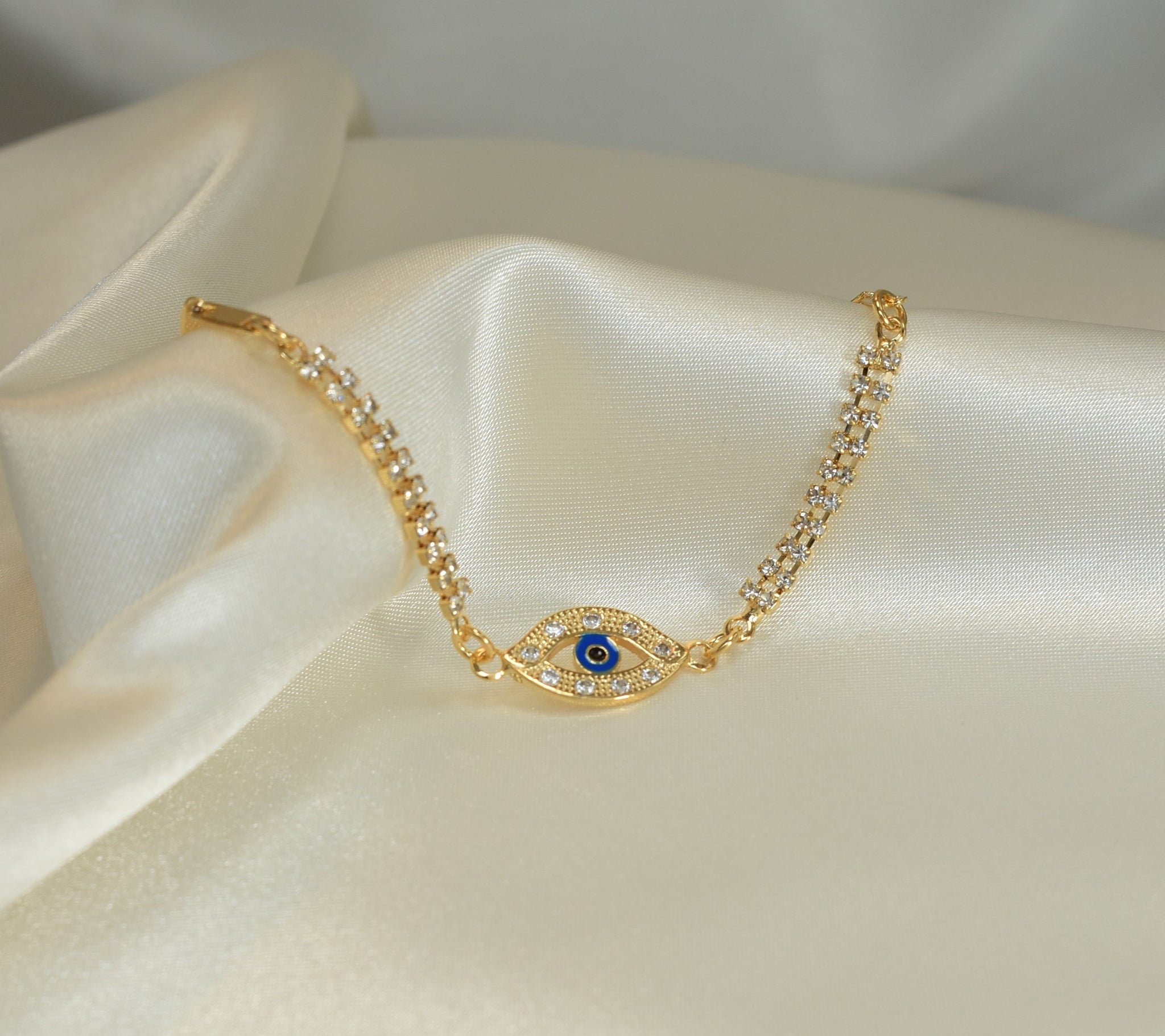 Blue Evil Eye Protection Bracelet - Gold Plated Everyday Dainty Stackable Bracelet 7.5"