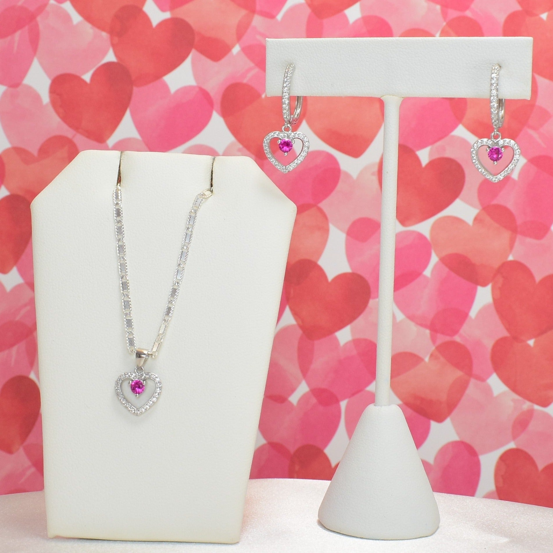 Sterling Silver Multi Color Stone Hollow Heart Necklace and Earring Jewelry Set