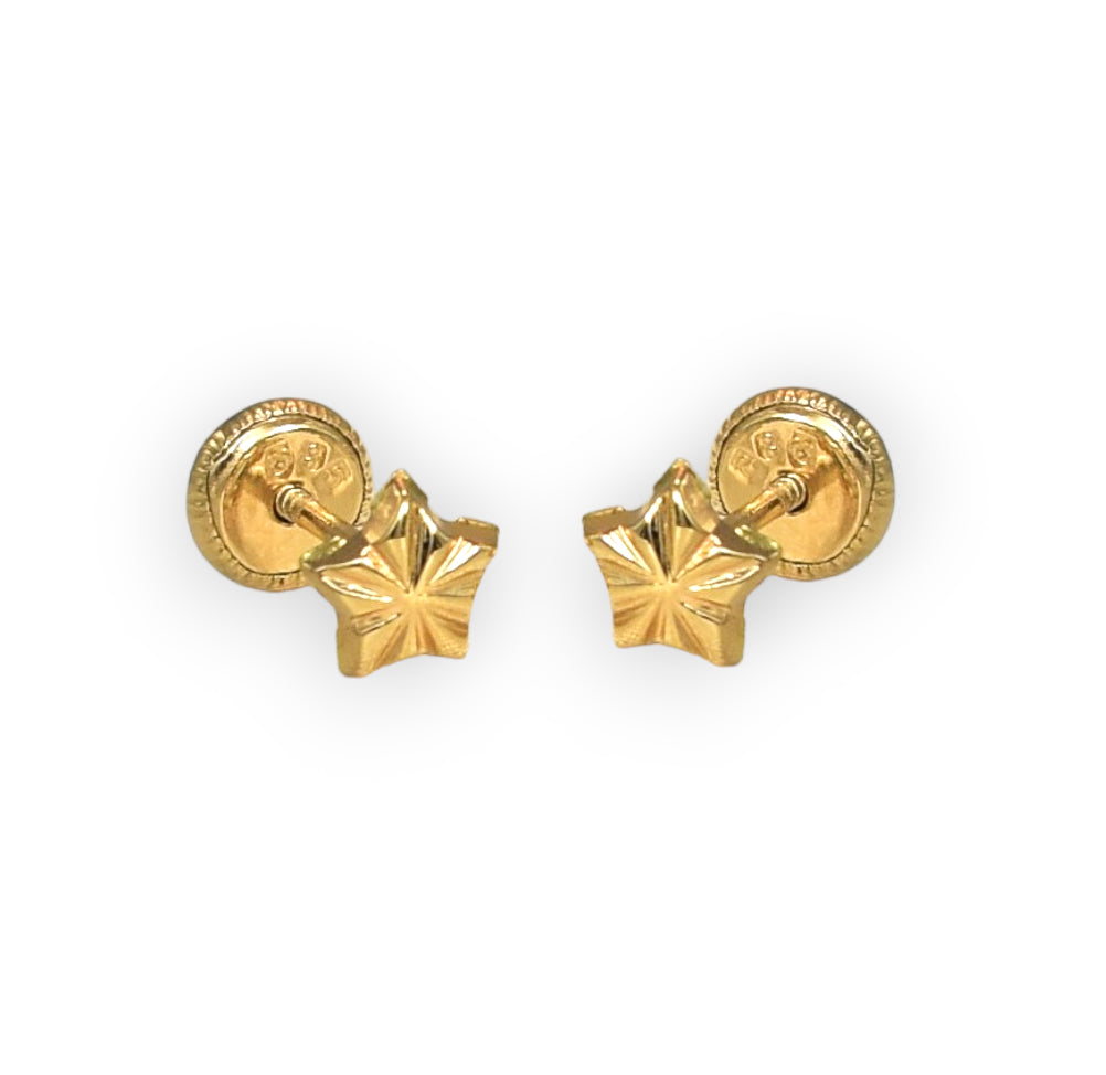 14K Solid Yellow Gold Star Earrings ,Diamond Cut Screw back Studs, Gift For Her