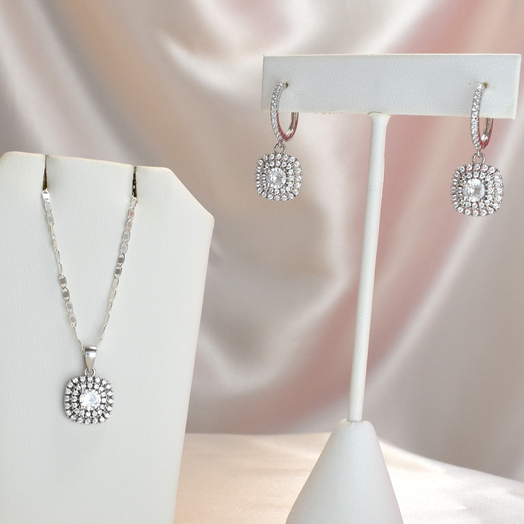 Sterling Silver Round Cut Square CZ Stone Earring and Necklace Jewelry Set