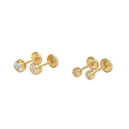 14K Solid Yellow Gold Round Earrings, CZ Dainty Screw Back Studs, Gift for Her