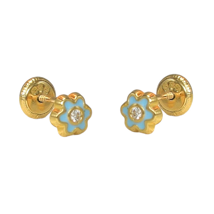 14K Solid Yellow Gold Flower Earrings, Screw Back Blue Enamel Studs,Gift For Her