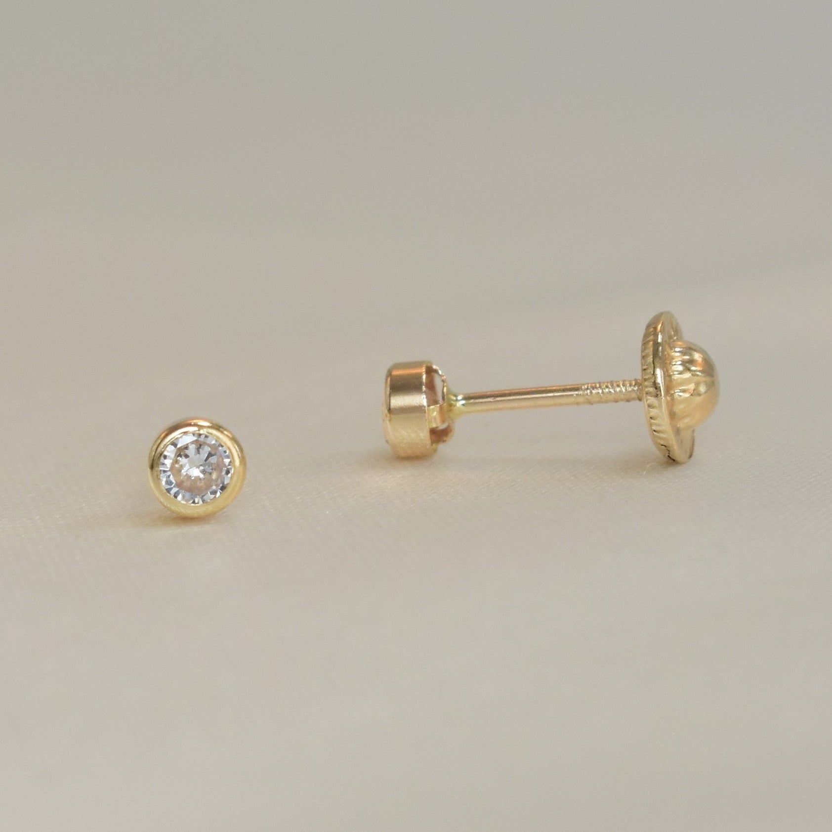 14K Solid Yellow Gold Round Earrings, CZ Dainty Screw Back Studs, Gift for Her