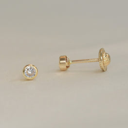 14K Solid Yellow Gold Round Earrings, CZ Dainty Screw Back Studs, Gift for Her