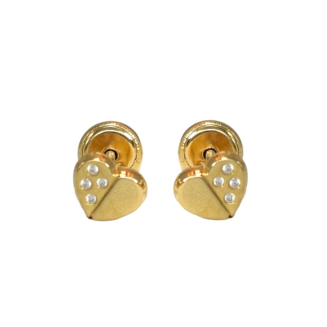 14K Solid Yellow Gold Heart Earrings, CZ Screw Back Stud Earrings, Gift For her