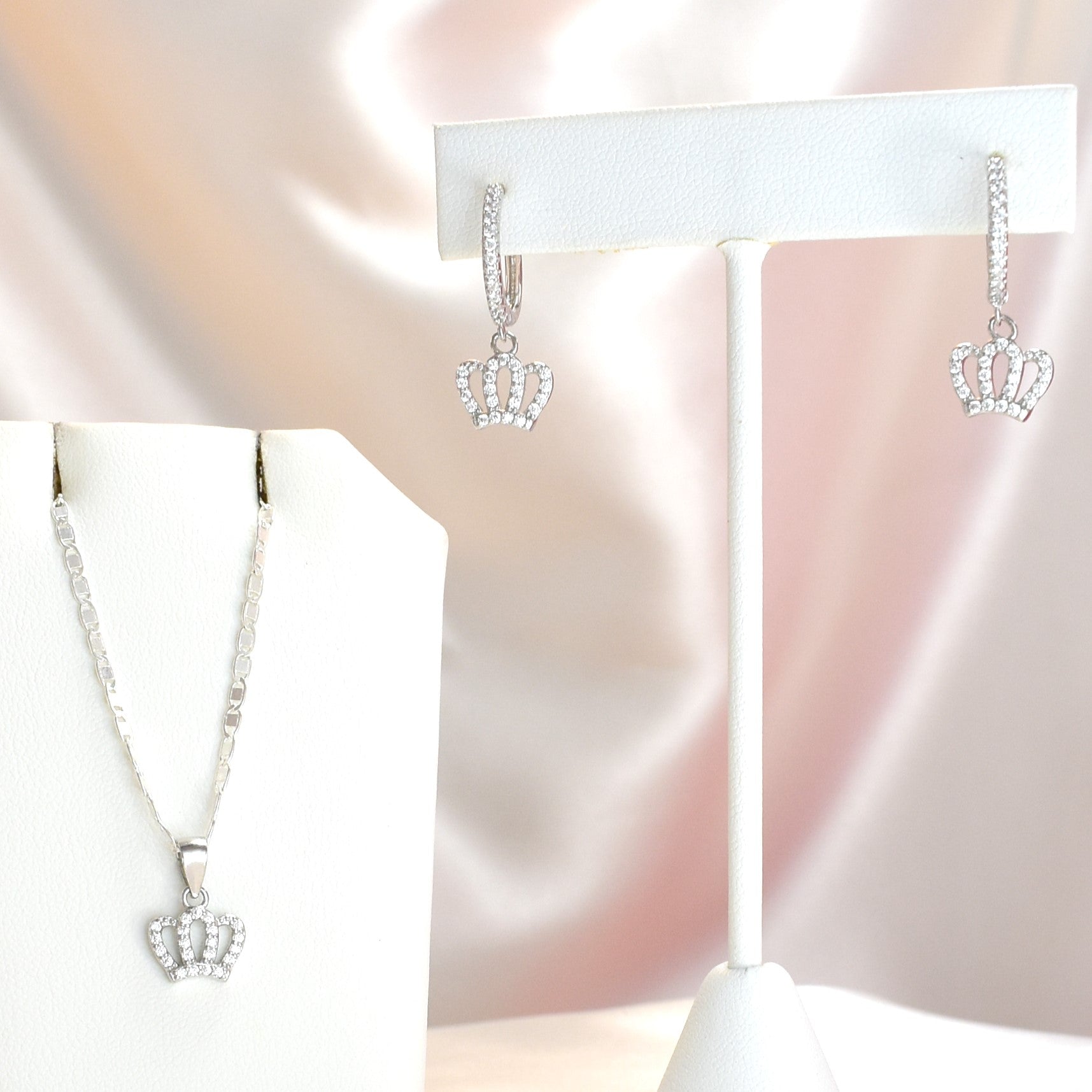 Sterling Silver Crown Earring and Necklace Jewelry Set